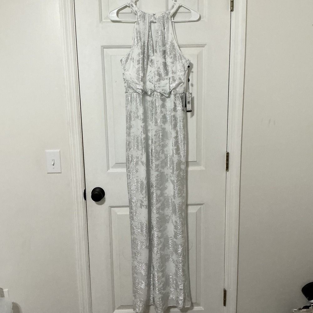 Adrianna Papell Women's 4 Silver Foil Mesh Pleated Halter Gown Party Wedding NWT